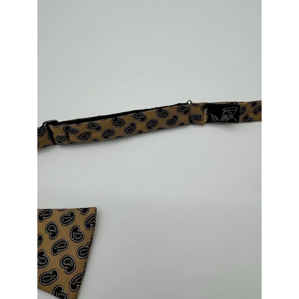 Vintage Silk Self Tie Bow Tie Gold Black Paisley Hand Made USA Adjustable